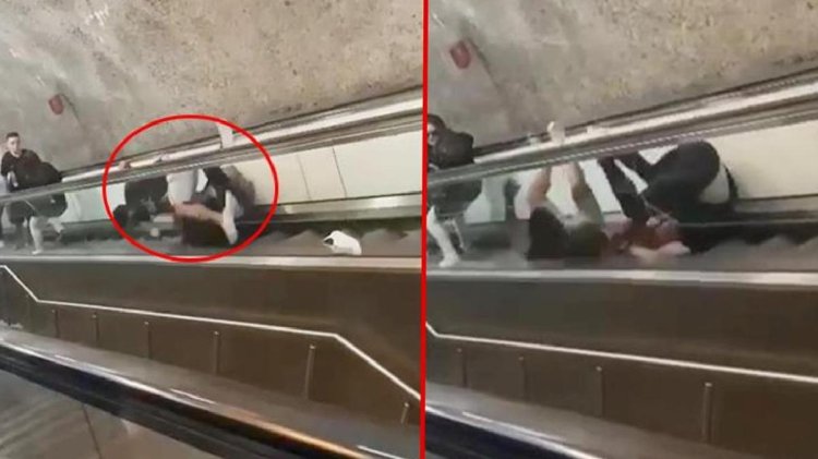 Metroda pes dedirten kavga! Yürüyen merdivenlerden yuvarlansalar da ayrılmadılar