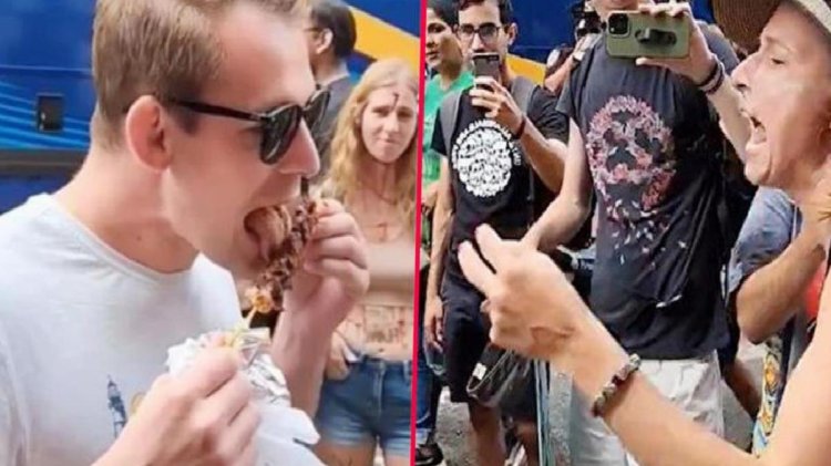 Eylemcilerin karşısına geçip kebap yiyen adam, vegan kadını çıldırttı