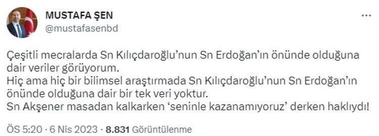 “Kılıçdaroğlu’nun Erdoğan’ın önünde olduğuna dair veri yok” diyen AK Partili Şen: Akşener masadan kalkarken haklıydı