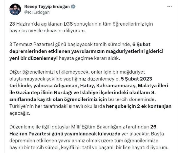 Cumhurbaşkanı Erdoğan, 5 Şubat 2023’te Adıyaman, Hatay, Kahramanmaraş, Malatya ve Gaziantep’teki öğrenciler için ek kontenjan açılacağını duyurdu